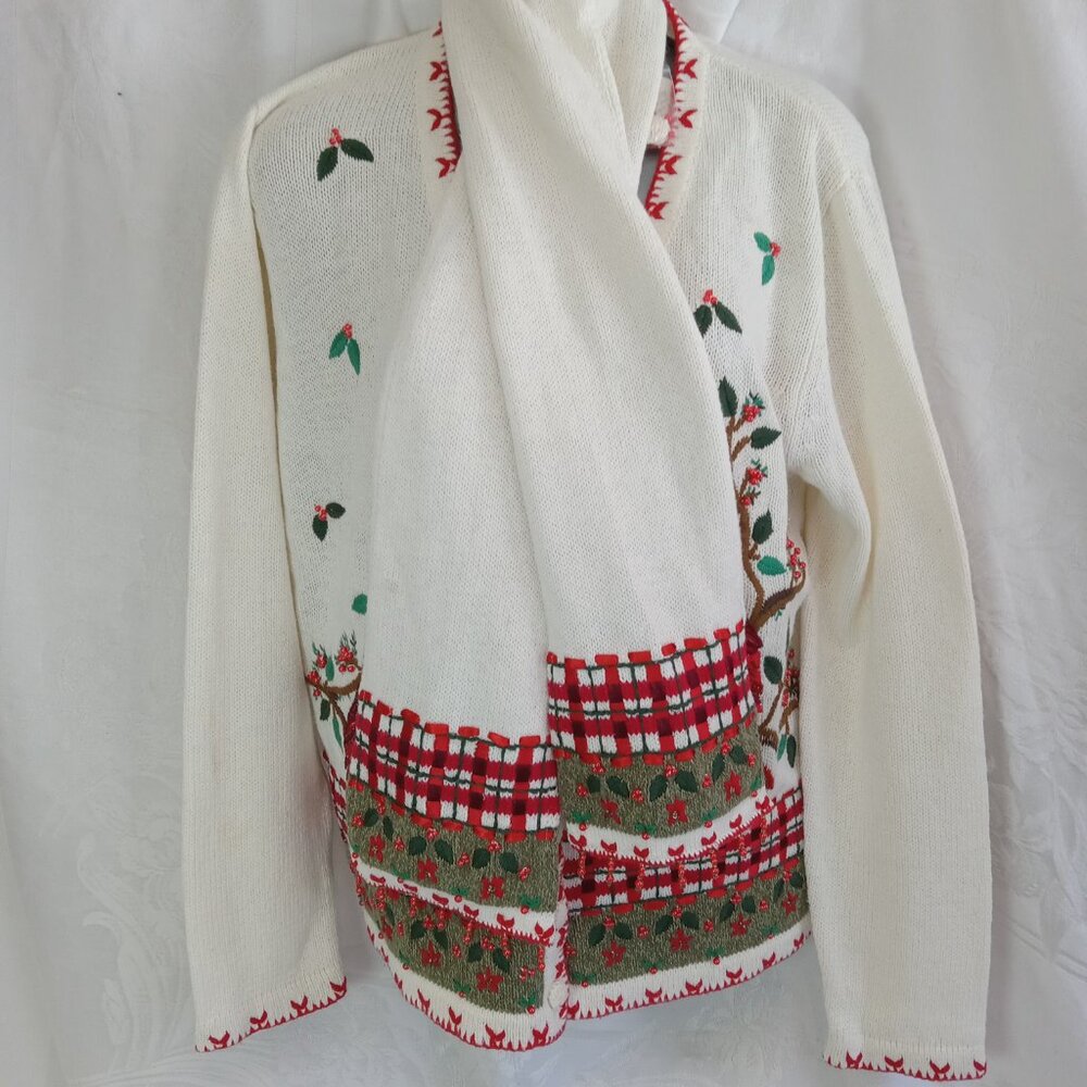 NWT White Stag L Cardinal Embroidered Embellished White Knit Cardigan 12/14 Vtg - Picture 3 of 15